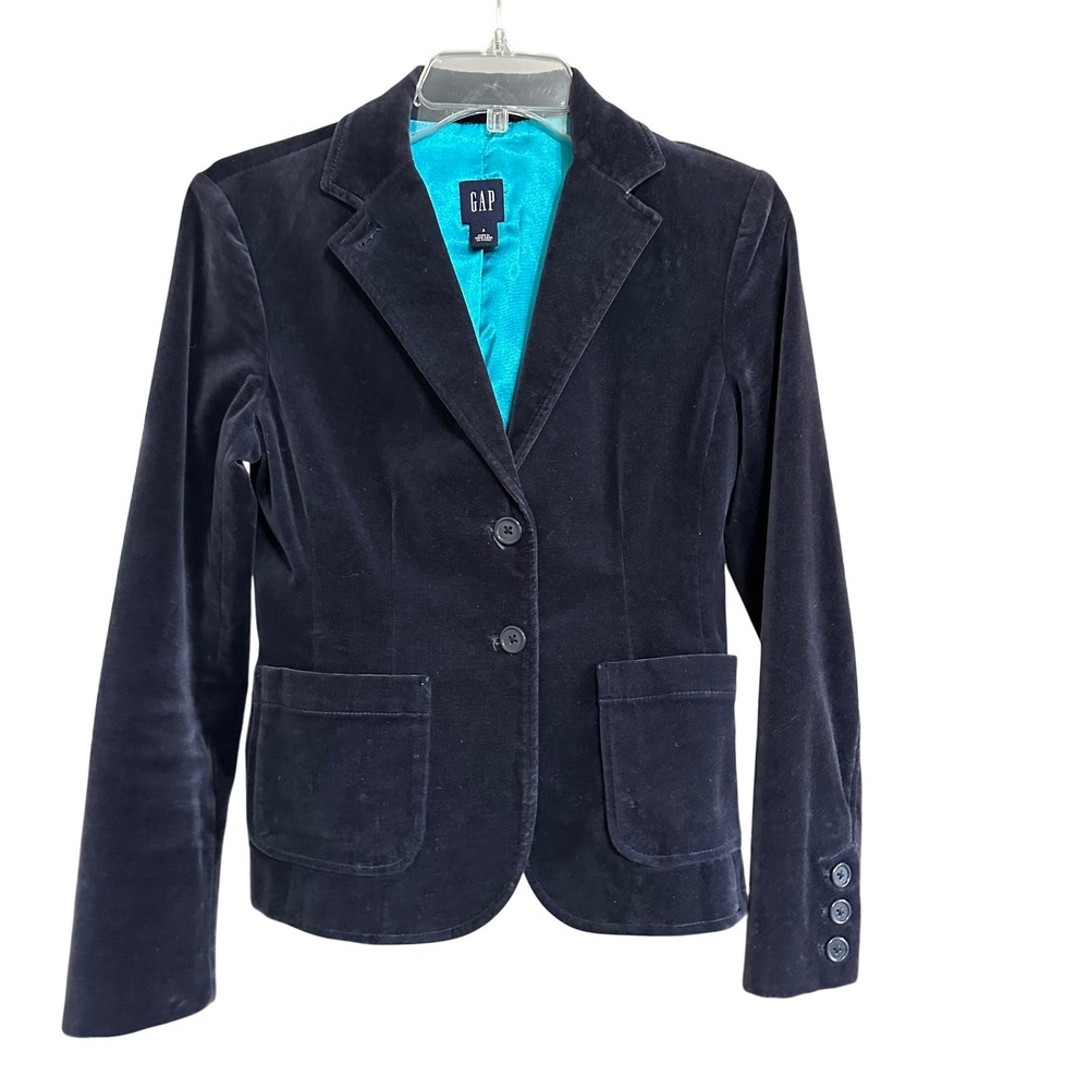 Vintage GAP Navy Blue Velvet Blazer Jacket Turquoise Lined Womens Sz 2 Retro Y2K